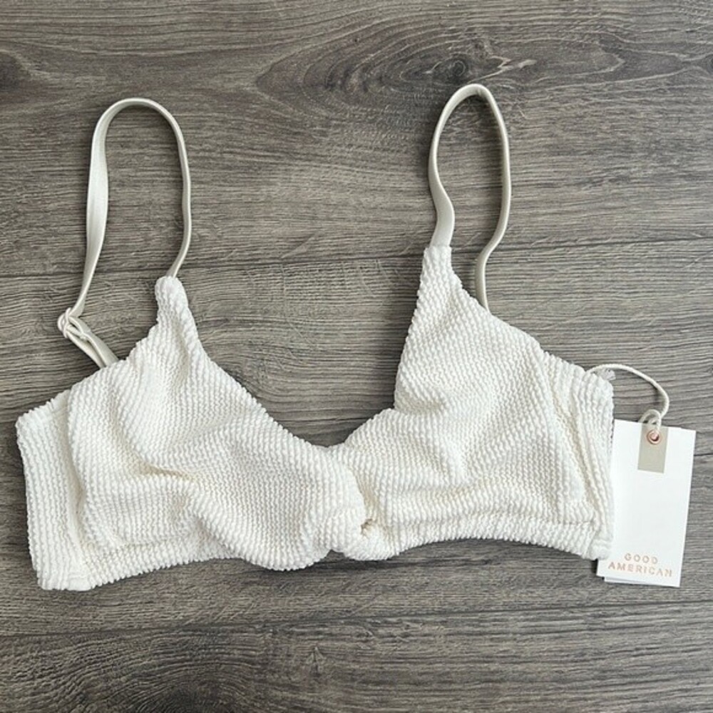 GOOD AMERICAN Crinkle Always Fits Twist Bikini Top Large Ivory White Ribbed NWT - Picture 2 of 8